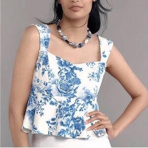 Floral Blue and White Peplum Top